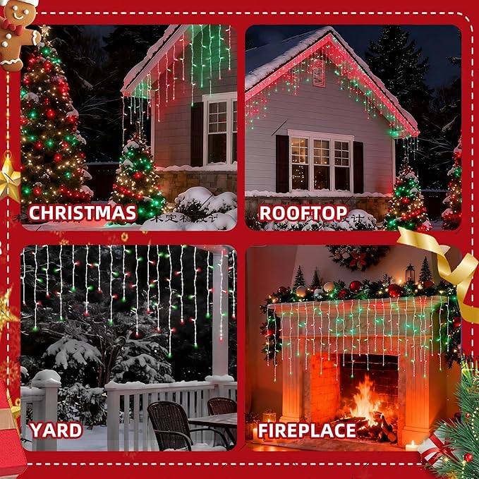 7ft Icicle Lights, 70 LED Red & Green Twinkle String Lights, Commercial Grade IP68 Waterproof, Soft Glow Mini LED Icicle Lights for Christmas Party, Eaves, Roofs, Holiday Indoor Outdoor Decoration