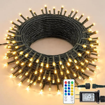 Hopolon String Lights Indoor Outdoor, 33 FT 100 LED Connectable Green Wire Twinkle Fairy Lights, Plug in Christmas Light Waterproof for Wedding Party Patio Spring Decor (Warm White with Remote)