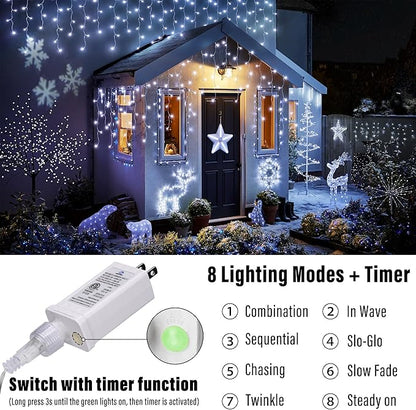 Joomer Christmas Icicle Lights - 33FT Plug in String Lights Waterproof, 8 Modes Timer Connectable Outdoor String Light for Christmas Party, Eaves, Roofs, Xmas Decorations (White)
