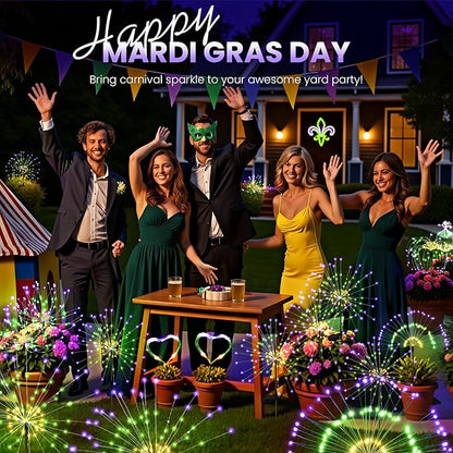 6 Pack Mardi Gras Solar Lights Outdoor, Solar Garden Lights Outside Fairy Firework Decorative,Solar Powered for Mardi Gras,Yard Pathway Party Balcony Patio Decor (Purple, Green, Yellow)