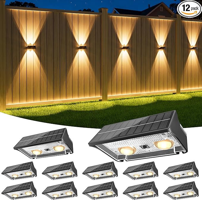 NIORSUN Solar Fence Lights Outdoor, 12 Pack Up and Down Waterproof Solar Wall Lights, Warm & Cool White + RGB | Lumora