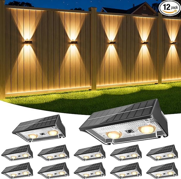 NIORSUN Solar Fence Lights Outdoor, 12 Pack Up and Down Waterproof Solar Wall Lights, Warm & Cool White + RGB | Lumora