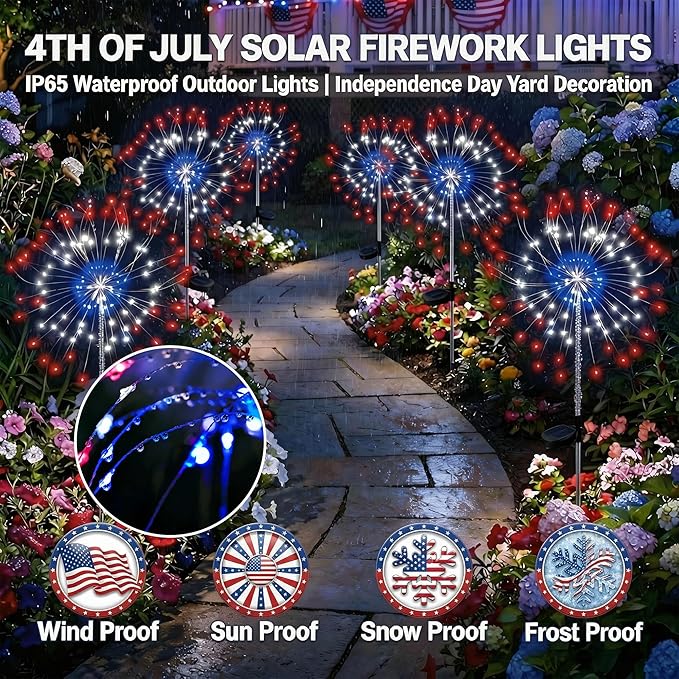 ITICdecor Solar Garden Lights Firework Lights 2 Pack 120 LED Red White Blue Solar Fairy Light Outdoor Waterproof for Independence Day President Memorial Day Christmas Party Patriotic Decorations