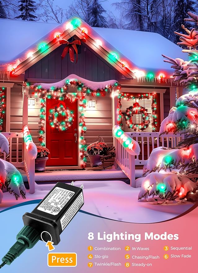 C9 Christmas Lights Outdoor Waterproof, 114 Feet 150 LED C9 String Lights with Timer & 8 Light Mode, Connectable Christmas Tree Lights for Indoor Outside Roofline Patio Decor, Red, Green & Pure White