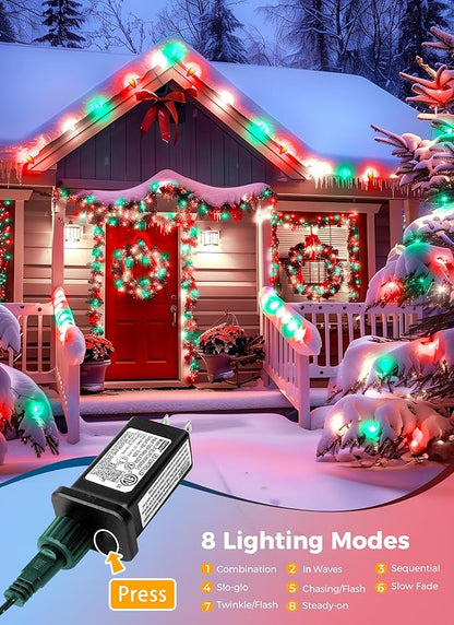 C9 Christmas Lights Outdoor Waterproof, 114 Feet 150 LED C9 String Lights with Timer & 8 Light Mode, Connectable Christmas Tree Lights for Indoor Outside Roofline Patio Decor, Red, Green & Pure White