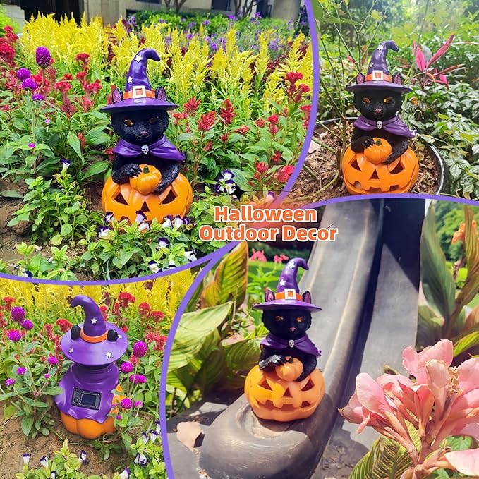 Solar Witch Black Cat Figurine Light for Gothic Theme Party, Solar Outdoor Lights Harvest Pumpkin LED Spooky Cat Garden Statue Led Yard Light Patio Porch Pathway, Fall Decor Home Gifts for Cat Lovers