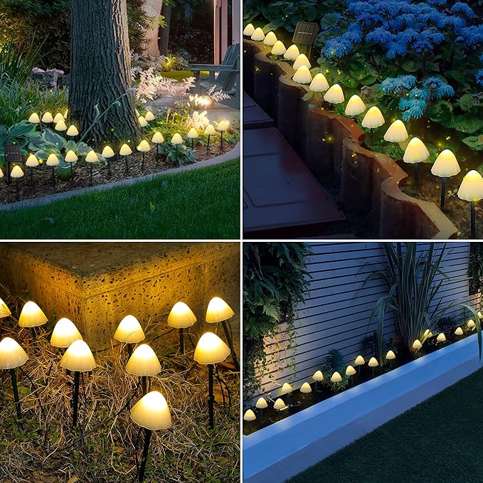 Solar Garden Lights, 12 LED 14.5ft Mini Mushroom Solar Lights Outdoor Waterproof, 2 Modes Lighted Mushroom Shaped Pathway Light for Patio Yard Garden Christmas Fall Decoration（Warm White）