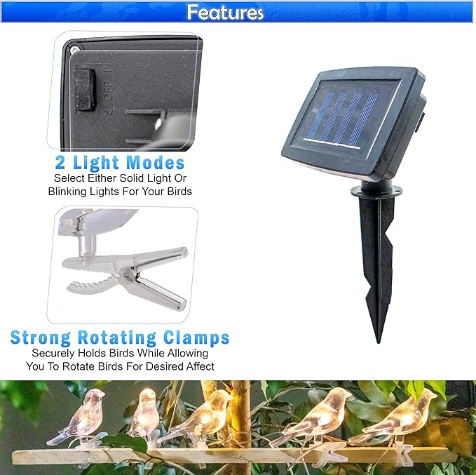 5 STAR SUPER DEALS Solar LED Bird Clip On String Lights - 5PC Set - Solar Powered Decorative Lights for Garden, Balconies, Trees, Bird Baths, Pathways & Fences