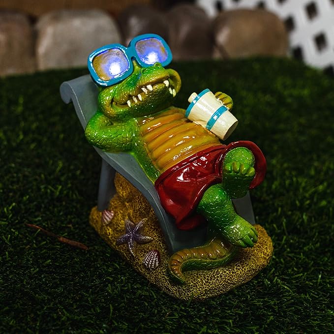 Crosslight Solar Crocodile Relaxed at The Beach Yard Light Decoration, Weatherproof with Blue LED's