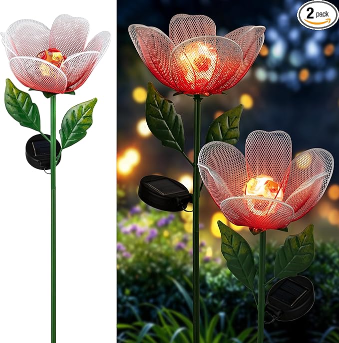 Solar Garden Lights,2 Pack Solar Metal Flowers with Breathing Light,Yard Pathway Lights Outdoor Solar Powered,Outside Lights for Yard Garden Outdoor Pathway Decor