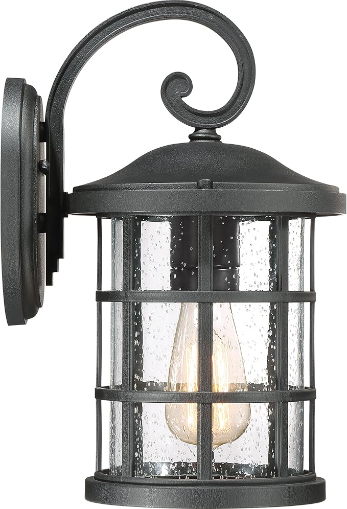 Quoizel Coastal Armour Crusade 1-Light Earth Black Outdoor Wall Lantern, Craftsman Style Wall Light with Seedy Glass, Marine-Grade Durability, Outside Light for Patio, Porch, Front Door, or Garage