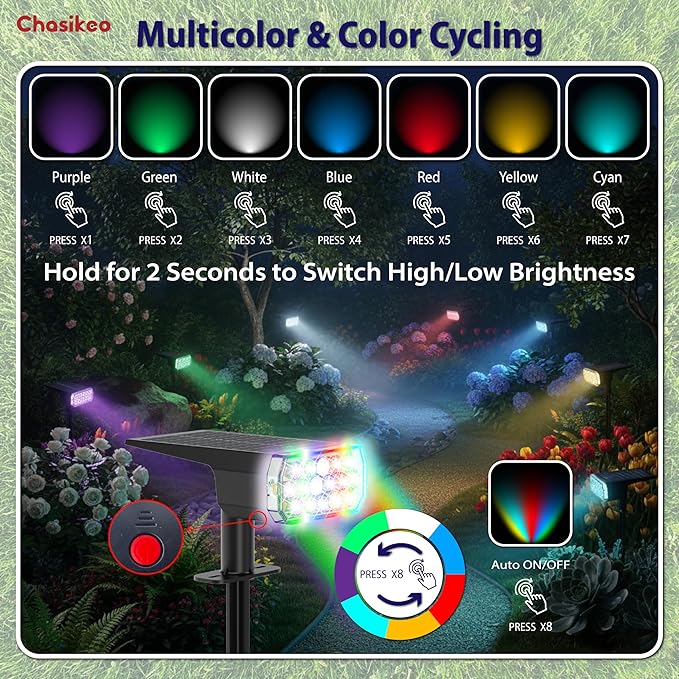 Solar Lights Outdoor Waterproof, LED Solar Spot Lights Outdoor, 7 Color Changing Solar Spotlights, Multicolor RGB | Lumora
