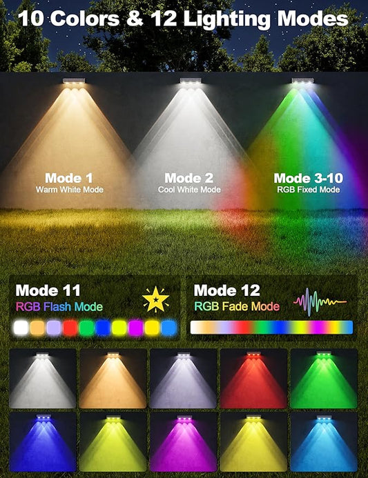 APONUO Solar Fence Lights Outdoor Waterproof, Fence Lights Solar Powered, 12 RGB Color Modes & Warm White & Cool White, Fence Solar Light Outdoor for Backyard, Patio, Wall, Deck, Yard（8 Pack, White）