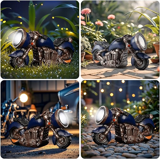 Solar Vintage Style Motorcycle Statue, Resin Rustic Retro Sculpture with LED Lights,Outdoor Art Decor for Garden Courtyard Lawn, Ideal Housewarming、Birthday Gift for Motorcycle Enthusiasts