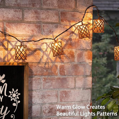 Decorative String Lights Plug in with 10 Incandescent Bulbs, Handwoven Rattan Cylinder-shaped Boho Lantern String Lights Connectable Weatherproof Outdoor Indoor for Bedroom Patio Pergola Decor (Brown)
