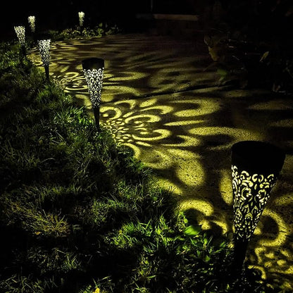 EX ELECTRONIX EXPRESS 6 Pack Solar Charging Decorative Walkway Patio Lawn Lights - Warm Yellow Subtle Pattern Lighting - Automatic On at Dusk and Off at Sunrise - Weatherproof Black Plastic