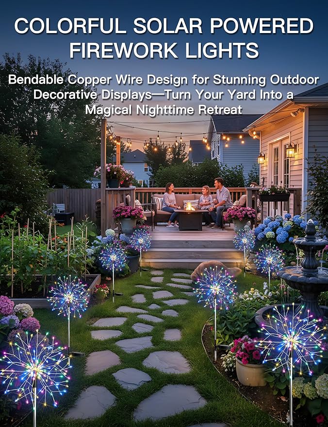 suddus Solar Garden Lights Outdoor Waterproof Decorative, 4Pack 150LED Firework Lights 8 Modes, Multicolor Solar | Lumora