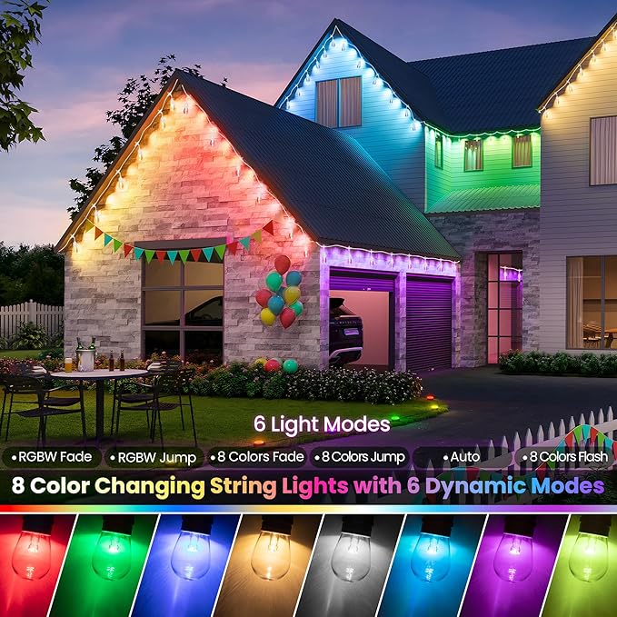 100FT(2x50FT) RGB Solar Outdoor String Lights with Remote, Dimmable Waterproof Patio Lights with 30 Bulbs for Porch | Lumora