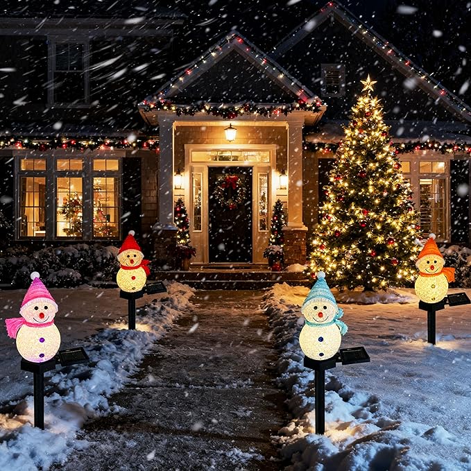 Solar Christmas Snowman Pathway Lights Outdoor Decor, 4pcs Waterproof Snowman Stake Landscape Lights, Solar Powered | Lumora