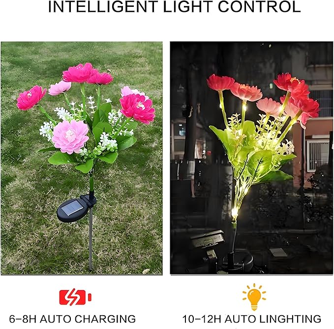 Solar Flowers Lights, 2 Pack Solar-Powered Outdoor Light with 14 Blooming Flowers, Waterproof Lights for Outside Yard, Garden, Pathway, Walkway, Patio, Lawn, Cemetery, Grave Decor