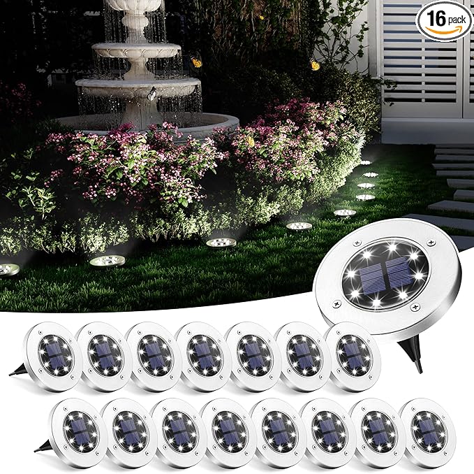 SOLPEX Solar Ground Lights, 16 Pack Solar Lights Outdoor Waterproof, 8 LED Solar Powered Landscape Lighting for | Lumora