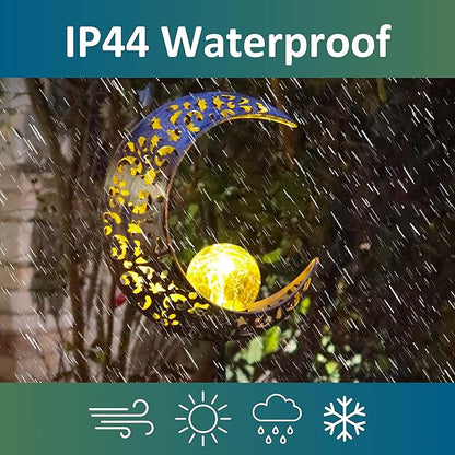 MCSSMOON Solar LED Crescent Moon Garden Light – Waterproof Metal Stake with Crackled Glass Globe