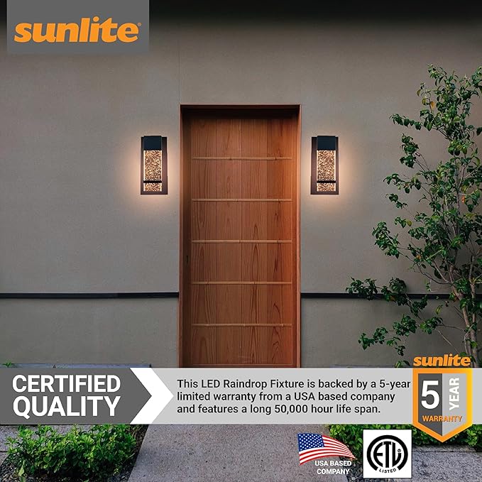 Sunlite LED Wall Sconce, Black Metal Frame with Raindrop Effect Glass Panel, 6.5" Wide, 3000K Warm White, Indoor & Outdoor, ADA Compliant