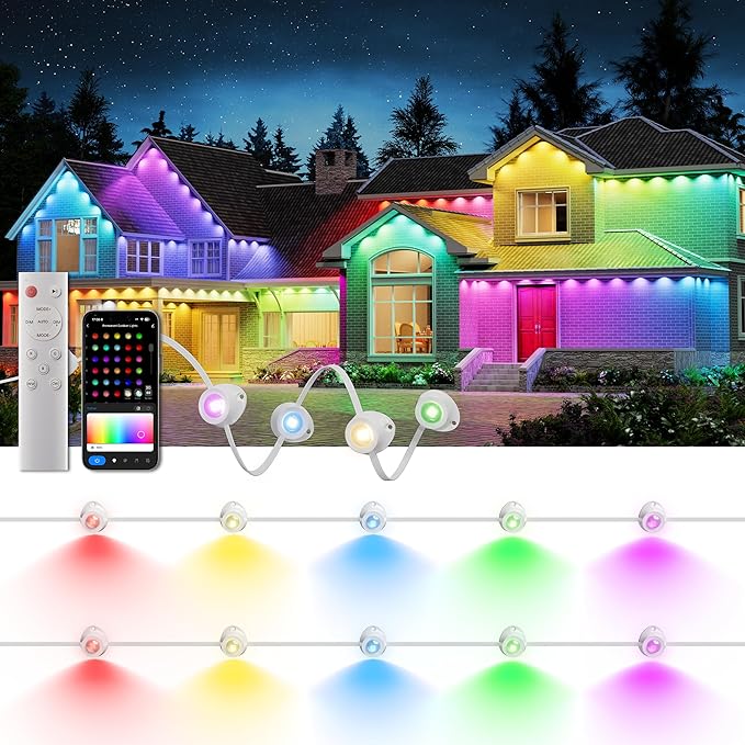Permanent Outdoor Lights, 100ft RGB & 60pcs LED Lights, 79 Scene Modes with Timer for Smart Outdoor Decorations, IP67 Waterproof Works with Alexa and Google