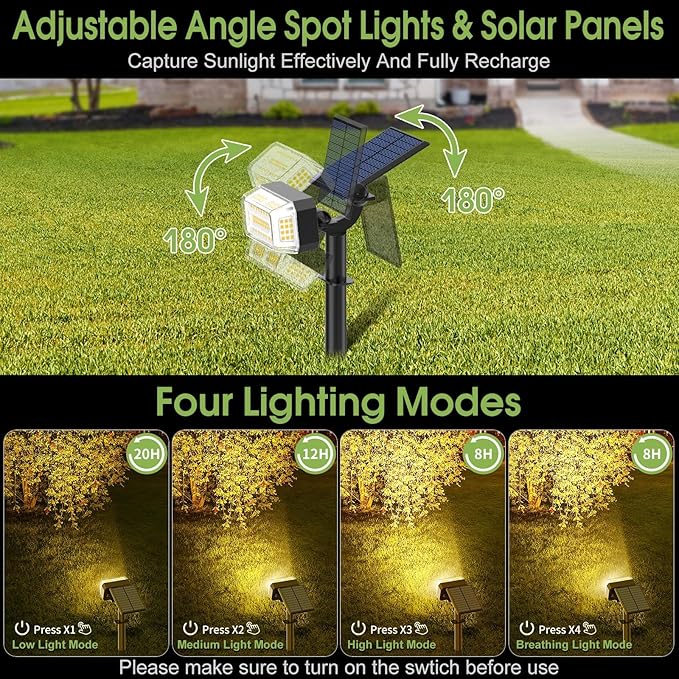 102 LED Solar Spot Lights Outdoor Waterproof IP65, Adjustable Landscape Spotlights, [2 Pack/4 Modes] Auto On/Off | Lumora