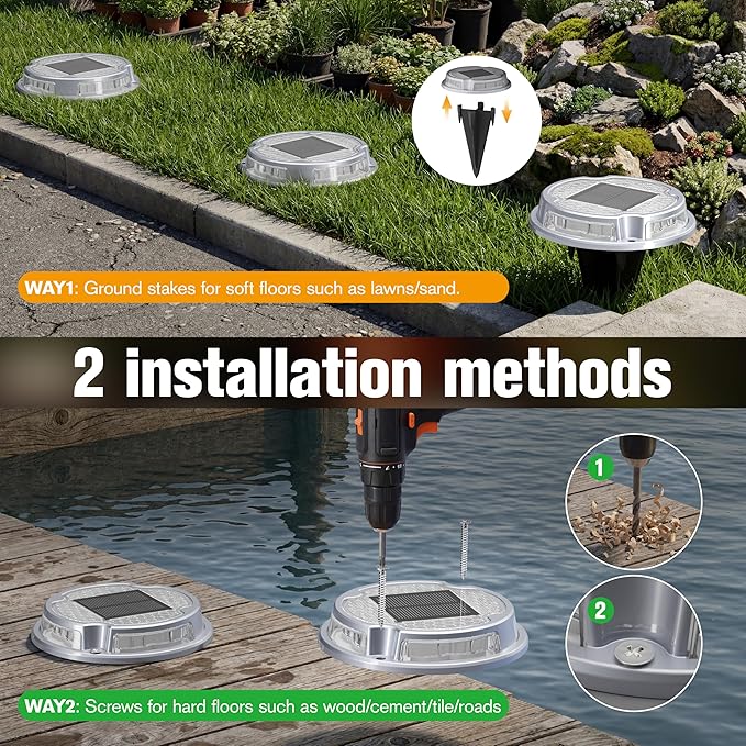 VOLISUN Solar Driveway Deck Lights Dock Marine Lights,12 Pack Solar Ground Light 2 Colors in 1 led Waterproof,Driveway Marker Light for Pathway Warning Step (White/Warm White),Auto On/Off