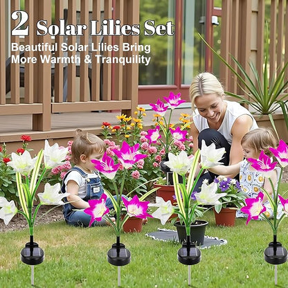 Outdoor Solar Lights Garden Decoration Bigger Lily Flowers 2 Pack, Waterproof 5 Color Changing LED Powered Light Large Panel for Garden Pathway Patio, Gift for Mom Grandma (Purple and White)