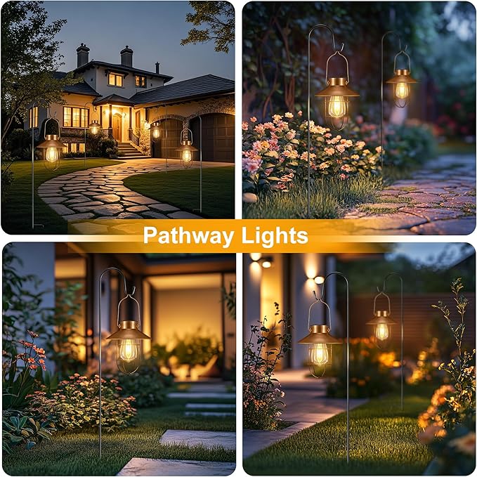 pearlstar 2 Pack Solar Lights Outdoor, Hanging Solar Lanterns with Edison Bulb and 2 x 32 Inch Shepherd Hooks | Lumora