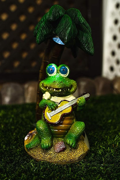 Crosslight Solar Crocodile Playing Guitar Under a Palm Tree Yard Light Decoration, Weatherproof with White LED's