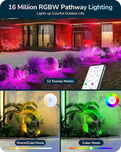 EDISHINE 12V Low Voltage Smart Color Changing Landscape Lighting, 320° Head Adjustable, 300LM RGBW Outdoor Spotlights, IP67 Waterproof Spot Lights, APP Control, Work with Alexa & Google, 48FT