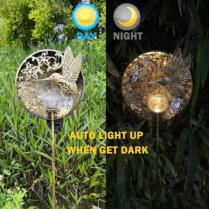 Hummingbird Solar Light Garden Outdoor Decoration Hollow Carving Flowers Crackle Glass Ball Metal Stake for Pathway | Lumora
