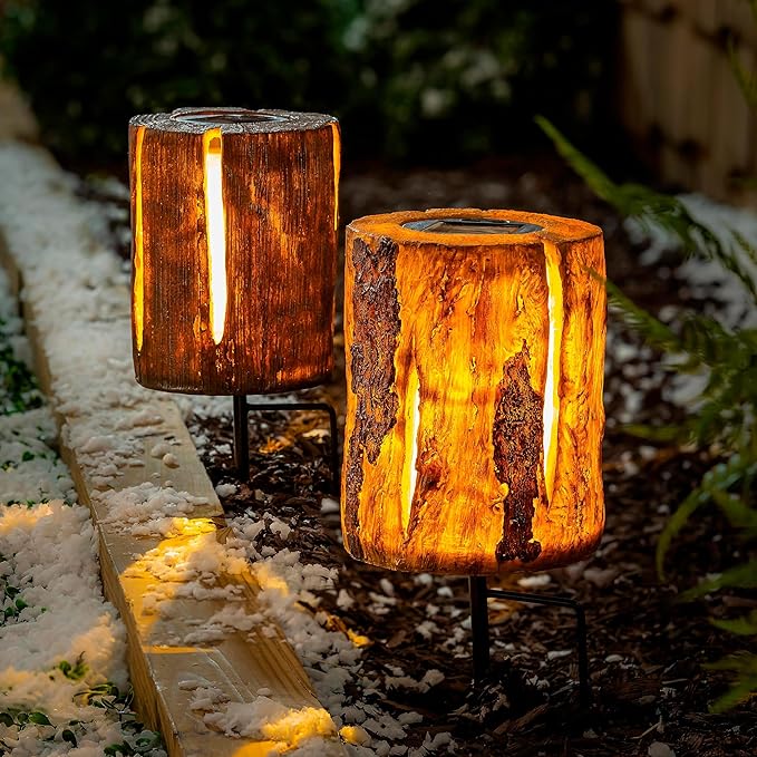 ASHLEY GIFTS Woodland Storybook Garden Path Lighting, Solar Path Lights, Faux Wood, 14" H, Assortments of 2