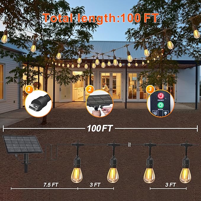 100FT Solar String Lights Outdoor Waterproof with Remote Control Solar Patio Lights 30+2 shatterproof LED E26 S14 | Lumora