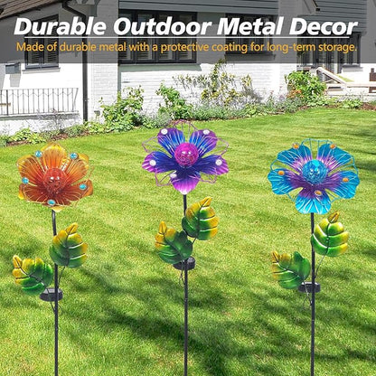 Adeco Flower Solar Lights Outdoor Garden Decor 37 inch Metal Garden Stake Lights with Crackle Globe Glass and Large Solar Panel Waterproof for Ground Patio Lawn Pathway Flowerbed