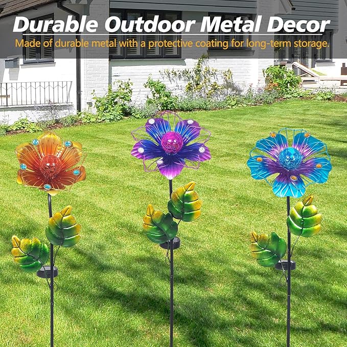 Adeco Flower Solar Lights Outdoor Garden Decor 35 inch Metal Garden Stake Lights with Crackle Globe Glass and Large Solar Panel Waterproof for Ground Patio Lawn Courtyard Flowerbed