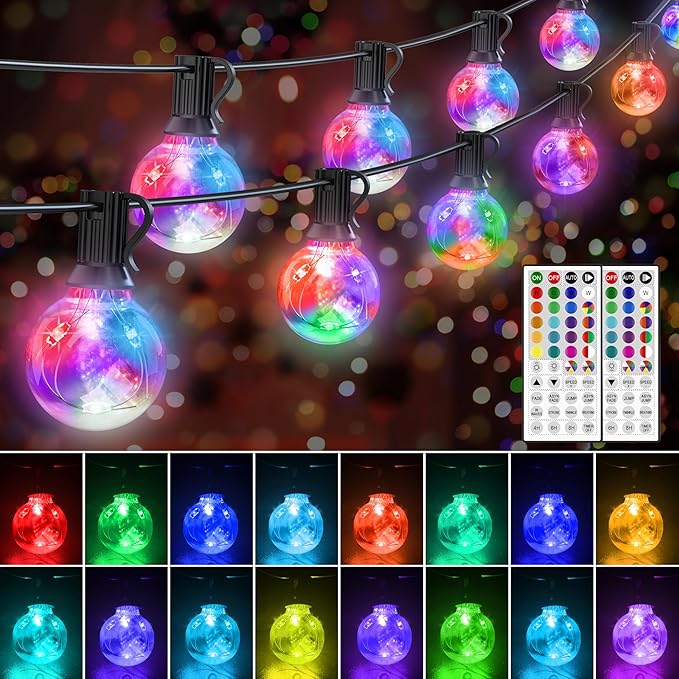 LED Outdoor String Lights, 30FT Connectable G40 Patio Light Outdoor Waterproof with 30 LED Bulbs, RGB Color Changing Cafe Decorative Lights with Remote for Outside Camping Gazebo Party Balcony Decor