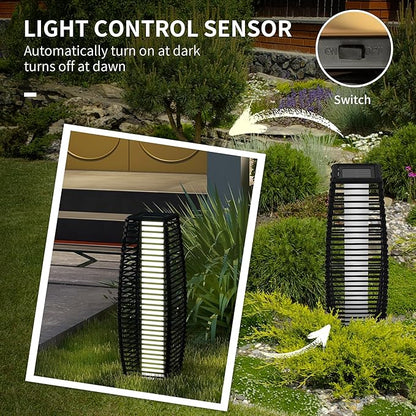 Outsunny Solar Floor Lamp, Outdoor Rattan Garden Lantern Pathway Light & Decorative Driveway Lighting with Auto On/Off LED Lights for Porch, Yard, Lawn, Courtyard, Deck, Black
