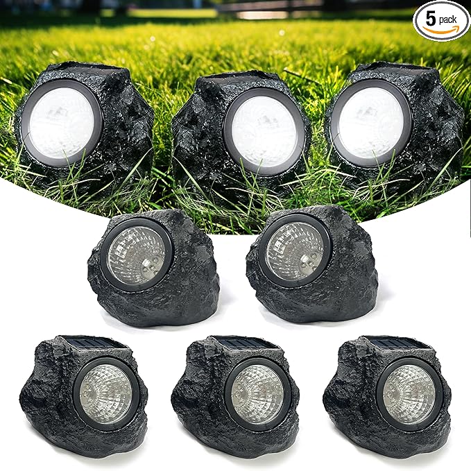 LIYAOLI Solar Rock Landscape Lights - 5 Pack Waterproof IP65 Fake Stone Solar Lights for Garden Pathways | Outdoor Ground Lighting with Auto On/Off & White LEDs
