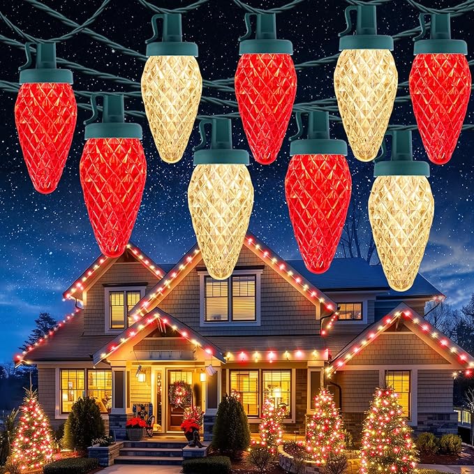 C9 Christmas Lights Outdoor Waterproof, 114 Feet 150 LED C9 String Lights with Timer & 8 Light Mode, Connectable Christmas Tree Lights for Indoor Outside Roofline Patio Decoration, Red & Warm White