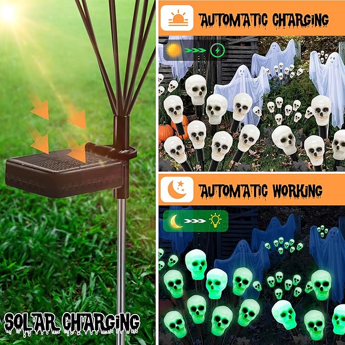 2 Pack 16LED Solar Skull Halloween Lights - IP65 Waterproof Outdoor Decorations, Scary Swaying Firefly Lights for Garden, Patio, Yard, Lawn Decor