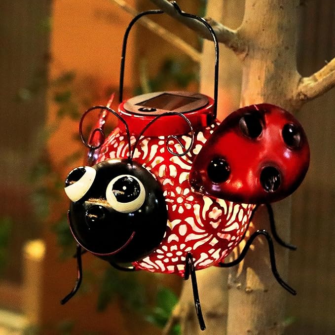 9.8" Ladybug Solar Powered Metal Sculpture - LED Figurine Night Garden Light, Ladybug Solar Light Metal Statue, Yard Art, Patio Accent,Outdoor Lawn Solar Decor, Landscape Path Light Ornament