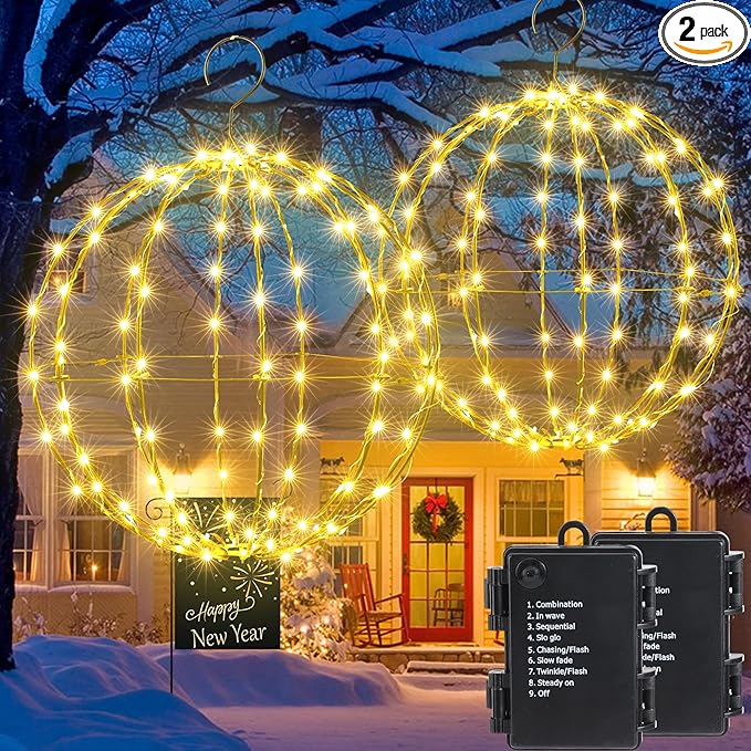 Joomer Battery Operated Ball Lights 2Pack, 13IN & 11IN 120 LED Foldable Metal Sphere Lights - Outdoor String Light | Lumora