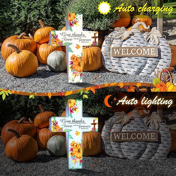 Yousoontic Thanksgiving Fall Solar Stake Lights Outdoor Garden Autumn Cross Yard Sign Garden Decor for Give Thanks to The Lord Harvest Yard Lawn Pathway Party