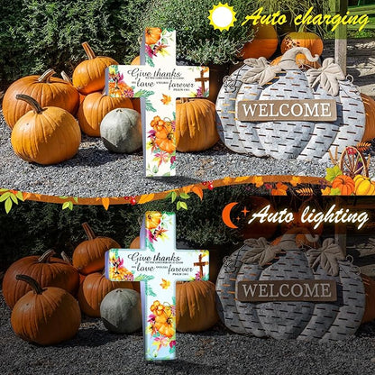 Yousoontic Thanksgiving Fall Solar Stake Lights Outdoor Garden Autumn Cross Yard Sign Garden Decor for Give Thanks to The Lord Harvest Yard Lawn Pathway Party