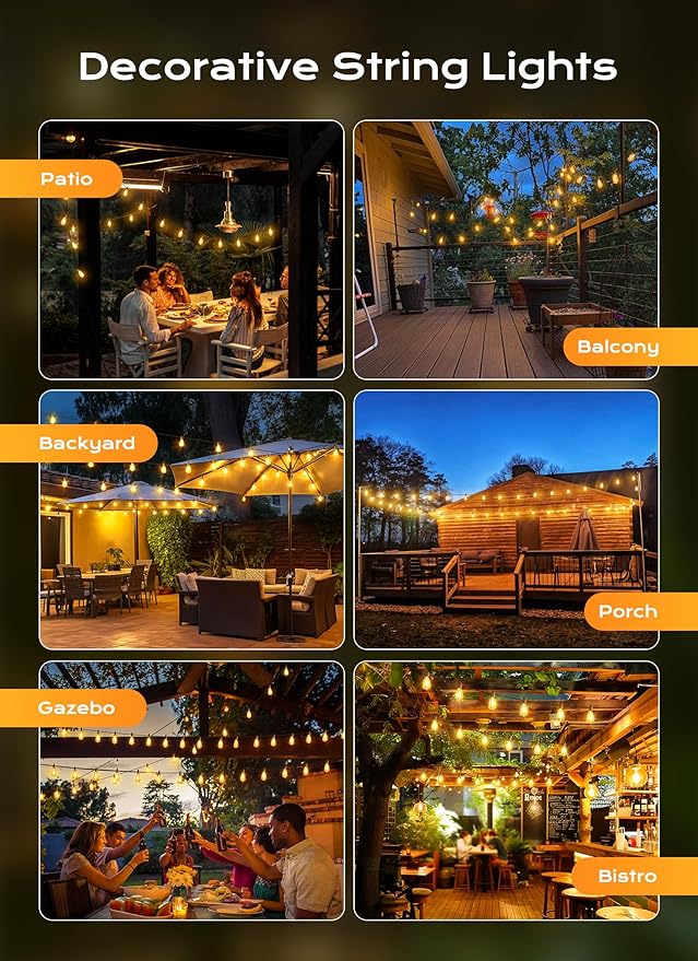 Brightown Outdoor String Lights, 50FT 18+1 LED ST38 LED Patio Lights Shatterproof, Dimmable IP65 Waterproof | Lumora