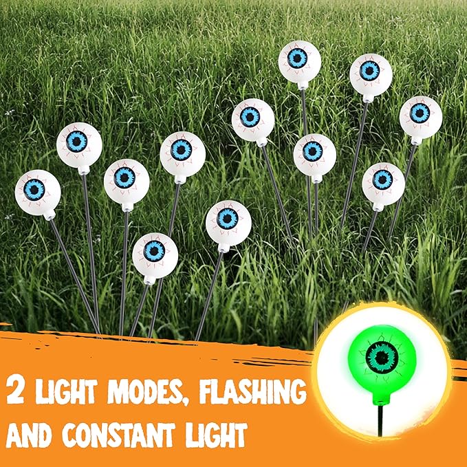JOYIN Halloween Decorations Outdoor Solar Scary Eyeball Lights, 4 Pcs 24LEDs Green Pathway Yard Stakes, Waterproof Firefly Lights for Halloween Graveyard Yard Garden Patio Walkway Party